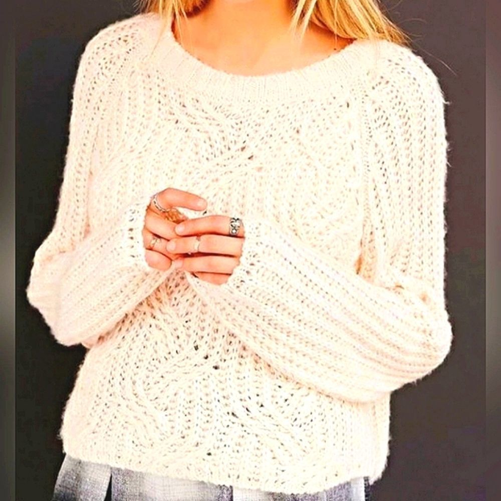 UO Kimchi Blue Cream Boho Cable Knit Boxy Balloon Sleeves Sweater L